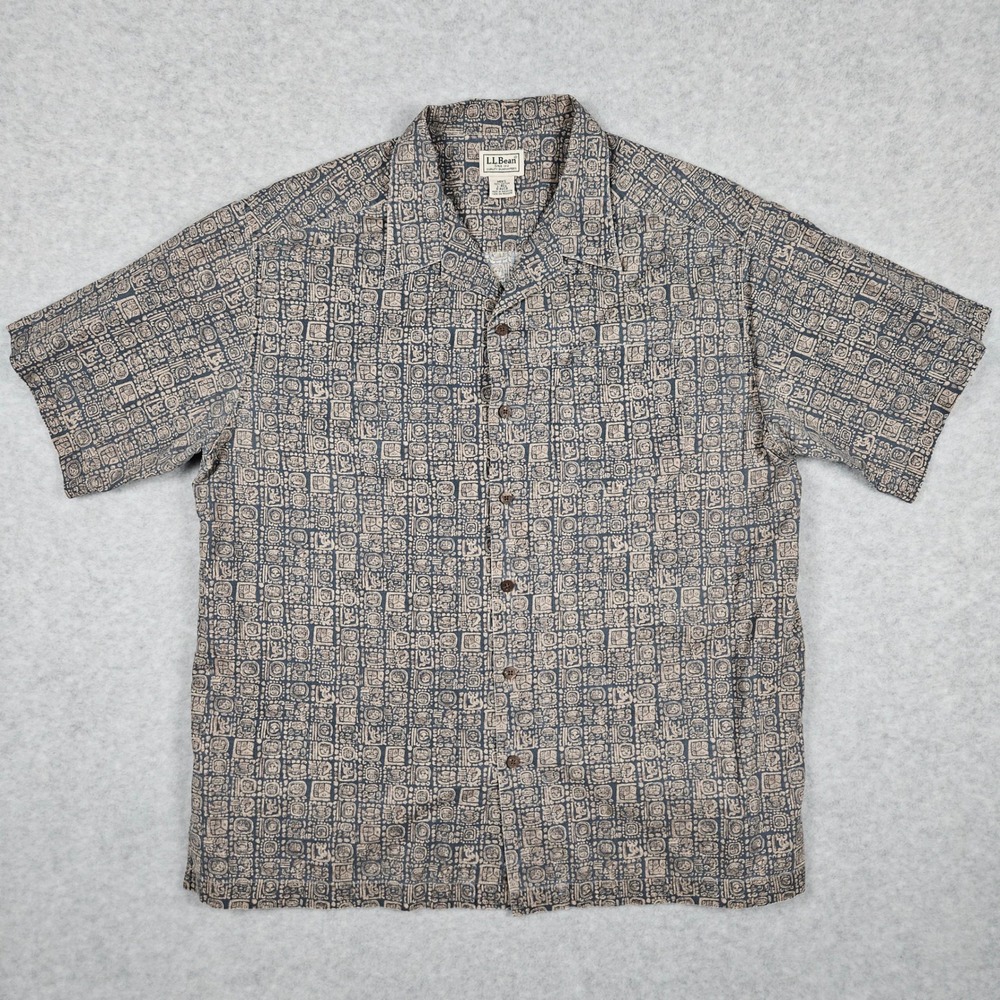 LL Bean Men's Large Button Up Aztec Mayan Tribal Short Sleeve Shirt Loop Collar